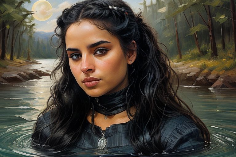 an oil painting of ((beautiful female with heavy black eyeliner)), in water, ripples, brown eyes, pigtails hairstyle, (blue hair), upper body, forest, fox ear, choker, looking at viewer, (smile:0.4), moon, night, dark photo, blurry background, masterpiece,  Fixhand, <lora:ArabWomenFawziV2_Lightweight:0.6>, <lora:Dark skin Beauty:0.1>