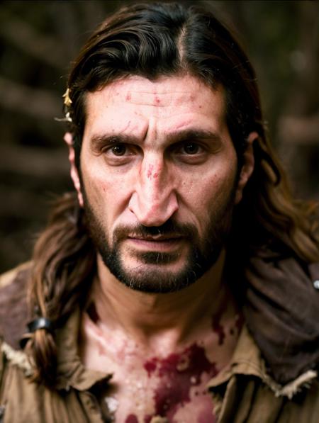 chest portrait photo of (Fares Fares:1.3) wearing viking warrior clothes, bloody face, front view, in the woods forrest, middle-aged daddy, skin detail, pores, messy (medium long hair:1.2), studio light, natural lighting, 4k uhd, dslr, soft lighting, high quality, Fujifilm XT3 <lora:Fares_FaresSD15_v1a-000015:0.85>