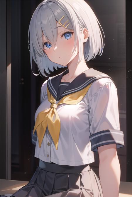 hamakaze, <lora:hamakaze-lora-nochekaiser:1>, 
hamakaze, blue eyes, grey hair, hair ornament, hair over one eye, hairclip, short hair, short hair,
BREAK black pantyhose, buttons, gloves, grey sailor collar, grey skirt, hairclip, neckerchief, pantyhose, pleated skirt, sailor collar, school uniform, serafuku, skirt, white gloves, yellow neckerchief,
BREAK looking at viewer,
BREAK indoors, classroom,
BREAK <lyco:GoodHands-beta2:1>, (masterpiece:1.2), best quality, high resolution, unity 8k wallpaper, (illustration:0.8), (beautiful detailed eyes:1.6), extremely detailed face, perfect lighting, extremely detailed CG, (perfect hands, perfect anatomy),