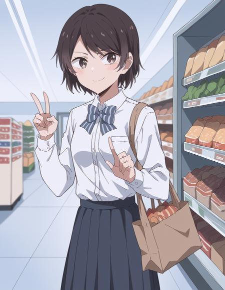 kiri shirasawa, short hair, bangs, brown hair, brown eyes, swept bangs, skirt, shirt, long sleeves, bow, school uniform, white shirt, pleated skirt, striped, bowtie, striped bow, striped bowtie,