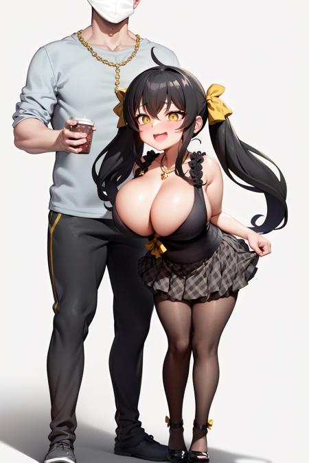 <lyco:heightdiff4:0.4>, masterpiece,   size difference, faceless man standing behind, 1girl, Matoba Risa, full body, (double V),   blush, black hair,  twintails, necklace, hair ribbon,  yellow eyes, ( rolling eyes:1.1), (smile, open mouth:0.8),  <lora:varisa-r1:0.8>