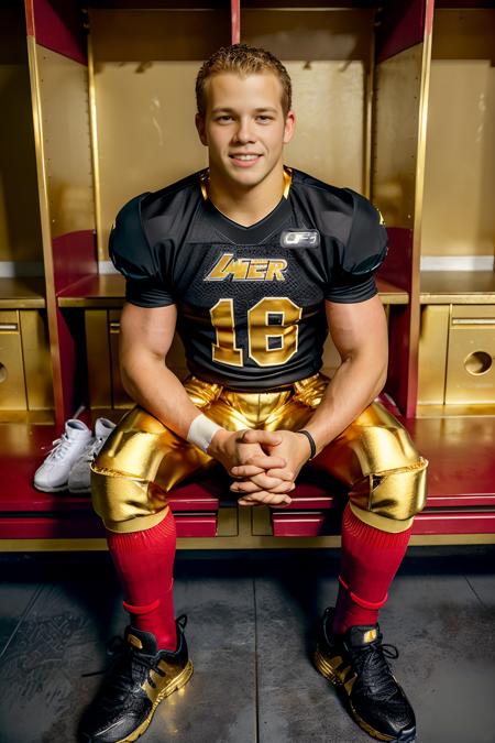 In an American football locker room, (sitting on a locker room bench), legs spread open, (hands on knees), FabianHambuechen is a (American football player) wearing (black jersey with gold numbers:1.3), ((shoulder pads)),  jersey number 19, (gold football pants and pads:1.3), (red socks:1.3), (black sneakers:1.3), smile, masterpiece, (((full body portrait))), wide angle,  <lora:FabianHambuechen:0.8>