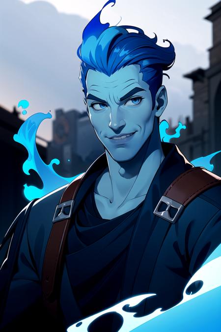 centered, upper body portrait, cowboy shot, (looking at viewer:1.2), |
<lora:Hades_Disney:0.6>, Hades_Disney,  (blue fire:1, fiery hair, blue fire), solo, 1boy, young handsome face, 
grey skin, smile,
skull accessory,
| blue fire,
| bokeh, depth of field, cinematic composition, |  dynamic pose,