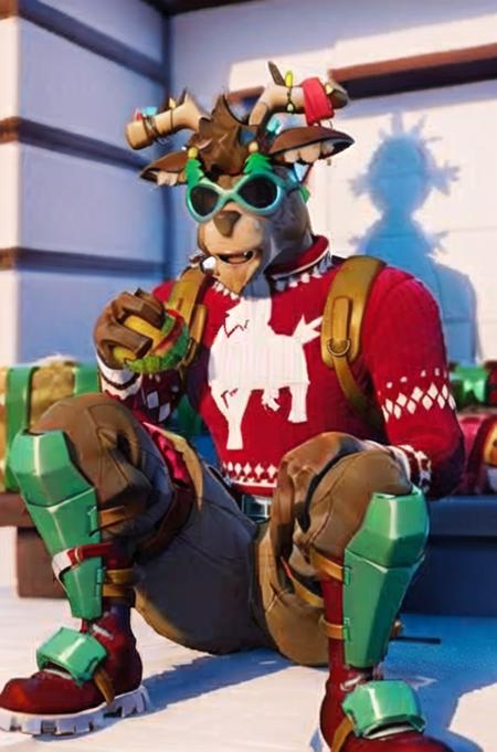 <lora:Fortnite_Dolph-000090:0.7>, looking at viewer, best quality, volumetric lighting, outside, cgi, 3d, octane render, ambient occlusion, Fortnite_Dolph, Novelty Glasses, Christmas Sweater, Belt, Christmas Stocking, Christmas Lights, Candycane, Pistol Holster, Christmas Ball Ornament, Khaki Pants, Shin Guards, Boots, (((sitting, open mouth, eating a hamburger))), <lora:betterrameneating_11:1>