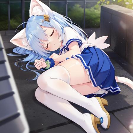 <lora:super-jiamiaoersanshi-v1:0.85>,nekobohe, animal ears, solo, thighhighs, cat ears, skirt, tail, cat tail, closed eyes, white thighhighs, on side, animal ear fluff, lying, long hair, blue skirt, hair ornament, sleeping, wings, shirt, blue hair, short sleeves, pleated skirt, white shirt, bangs, outdoors, scrunchie, blue footwear, blush, blurry foreground, cat girl, blurry, depth of field, wrist scrunchie, shoes