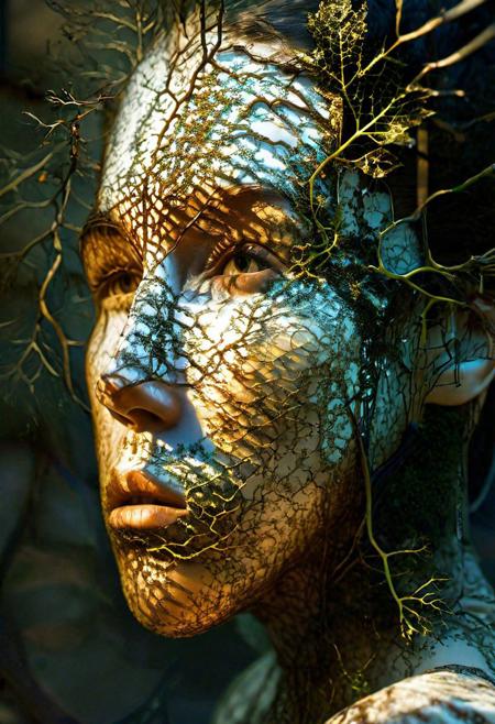 Fractalvines, A portrait of a human face, its features dissolving into a tapestry of fractalvines, revealing the interconnectedness of nature and humanity. <lora:Fractal_Vines:1>  <lora:EnvyBetterHiresFixXL01:0:hr=1>