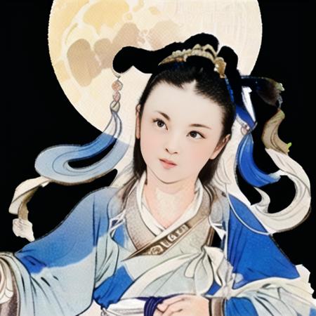 masterpiece,  {{ultra-detailed}}, best quality, realistic, portrait, realistic, looking at viewer, extremely detailed, 1girl is walking on cloud,   beautiful face, hanfu, ribbon, long sleeves, headdress,   jewelry,   <lora:xiyouchahuav1.0:0.8>, star sky, bridge,  moon, looking at viewer,