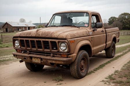 a shitty old brown pickup truck from the 1980's, ugly, sad, rusty, rust holes, poor styling, farm in the background,, 8k uhd, high quality, film grain, Fujifilm XT3, highres,