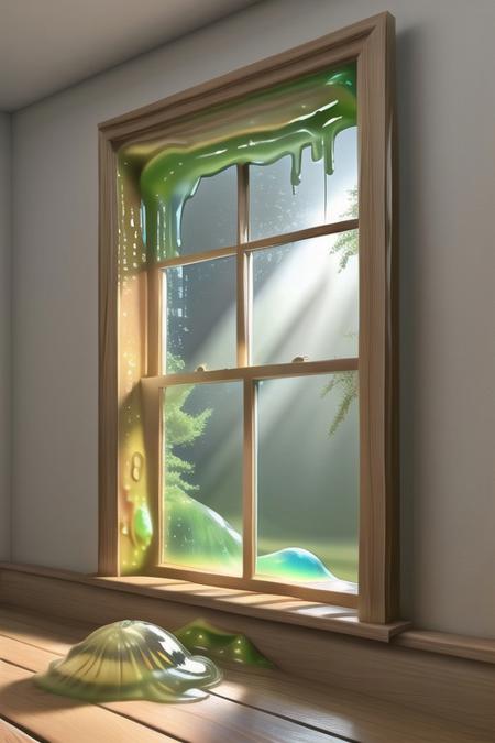 slime-morph, sl1m3d, made of slime, slime window, slime sun, light rays, bright lights, ultra realistic