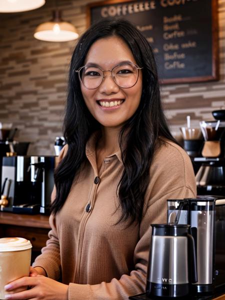 close-up portrait photo of ( 4l1W0ng , black hair, glasses, looking at viewer, teeth, smile, long hair), (in a coffee shop, warm lighting)++, 8k uhd, high quality, dramatic, bokeh