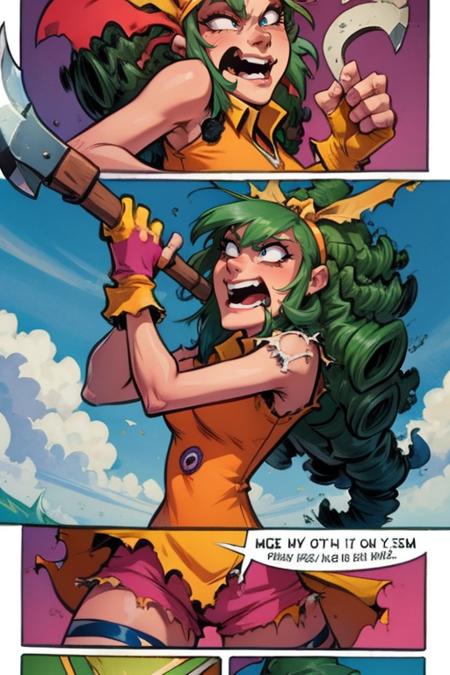 1girl,  long hair,  open mouth,  gloves,  holding,  weapon,  comic,  green hair,  teeth,  fingerless gloves,  english text,  torn clothes,  4koma,  parody,  tiara,  angry,  axe,  holding axe, 