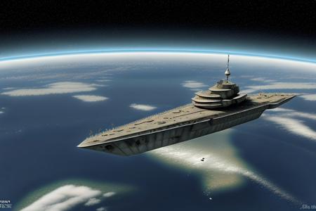 a space pirate battleship among the ruins of an advanced, futuristic city