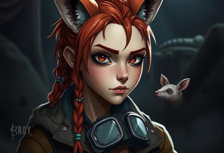 Create an image of a character named Foxy, a young woman with a rugged and resilient appearance, reflecting her life in a post-apocalyptic world. She has red hair styled in braids, with a few colorful beads woven in. Her face shows signs of wear and determination, with a notable absence of pupils in her eyes, giving her a unique and somewhat eerie look. She wears practical, worn-out clothing suitable for survival, including a jacket and goggles around her neck. The background should depict a dimly lit, post-apocalyptic environment, emphasizing the harsh and unpredictable nature of her surroundings. Foxy is often seen talking to her pet rat, Bunny, which only she can see, adding a touch of mystery to her character. The lighting should be dramatic, highlighting her unique features and the stark reality of her world.