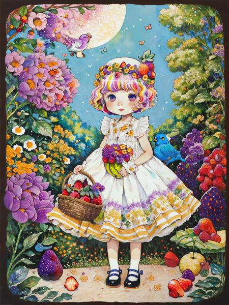 (((portrait))) ,(((masterpiece))),(((best quality))), ((ultra-detailed)), (illustration), ((an extremely delicate and beautiful)),floating, (beautiful detailed eyes), (detailed light),(((fruit))),flowers,(((((colorful))))),garden,by alan lee,colorful background,forest,bird,butterfly,<lora:mkru:1>mkru chibi