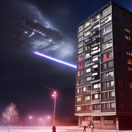 (khrushchevka building:1.2), cinematic lighting, dramatic shot, thunderstorm, tornadic, enormous flying ufo and aliens, moon, by junji ito, (and closeup of standing darth vader in front of it:1.3), death star, cosmic horror