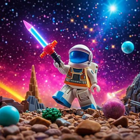 novuschroma53 style, A vibrant intergalactic battle in a toy-like cosmos, where plastic planets click together like building blocks and neon stars glow against a swirling cosmic backdrop. Candy-colored starships, assembled from modular toy parts, weave through asteroid belts of wobbling rubbery rocks, dodging playful yet menacing alien invaders made of translucent bricks. On a shifting tile-like planet, a heroic plastic astronaut wields a glowing energy sword, standing atop a towering construct of intergalactic pieces. Laser beams streak in exaggerated bursts of color, ricocheting off glossy surfaces, as the entire scene pulses with the thrilling energy of a cosmic toy set brought to life.