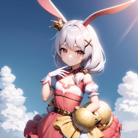 (masterpiece:1.2), (best quality:1.3), absurdres, magical_teriri, 1girl, flat_chest, standing, smile, hair_ornament, rabbit_ears, pink_dress, white_gloves, magical_girl, <lora:magical_teriri_v4-000025:1>