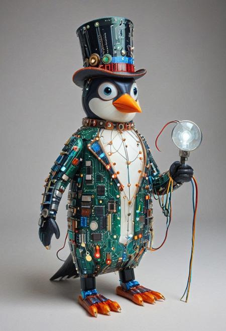 embedding:lazmpos, Transistors, pcb_style, LED, colorful LED lights, RGB lights, red green and blue penguin, art deco, top hat, cane, monocle,RetroBG