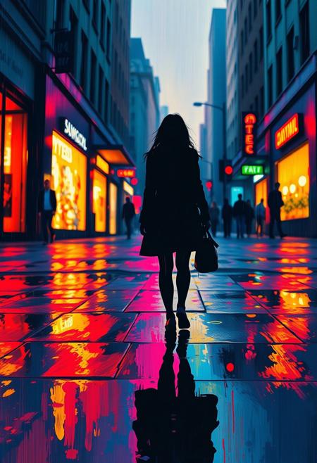 A silhouetted woman walks past glowing storefronts in a quiet city night, the pavement beneath her rendered in vibrant color trails and blurred reflections., cinematic silhouette, impressionist color explosion, rainy cityscapes, vibrant palette knife texture, moody atmosphere, solitary figures, high-contrast lighting, emotional abstraction, glowing reflections, bold color gradients, noir minimalism, stylized realism, expressive brushwork, wet pavement glow, urban melancholy, visual poetry, saturated impressionism, reflective surfaces, dramatic perspective, introspective tone