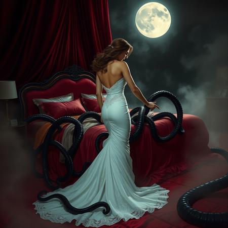 Bride in a sleek, strapless, mermaid-cut wedding gown with delicate lace details and a sweeping train, her hair styled in loose, flowing waves, wearing high heels that glint in the dim light, attempting to struggle free from dark, slithering tentacles that wrap around her waist and arms, pulling her towards a lavish, crimson-hued, wet-look bed with silk sheets and plush pillows, set amidst a thick, eerie fog that swirls around her, illuminated only by the pale glow of a full moon hanging low in the night sky, in the style of H.R. Giger's dark, biomechanical surrealism, combined with the haunting, atmospheric lighting of Zdzisław Beksiński's Gothic paintings, and the intricate, detailed textures of Ash Thorp's dark, futuristic illustrations.