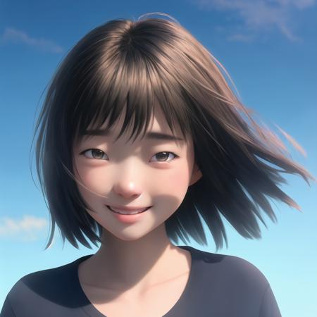 shenxiu, 1 Girl, Solo Exhibition, Reality, Short Hair, Brunette Hair, Giggling, Blur, Blushing, Looking at the Viewer, Portrait, Sky, Blurred Background, Brown Eyes, Shirt, Happy, Blue Sky, 16K, HD, 3D, High Quality, OC Rendering, Unreal Engine, Top Graphics, Cinematic Graphics, Perfect Lighting and Shadow Effects, <lora:deep sea:0.7>