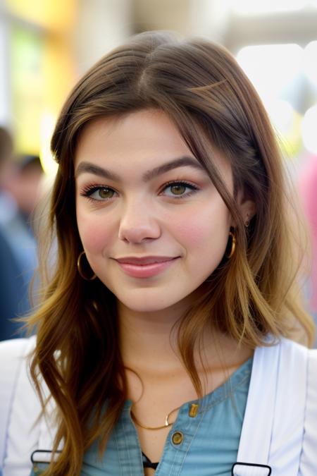 a beautiful woman, at the crowded comiccon convention, pastel shirt, people in the background, close up, perfect face, warm eyes, 8k uhd, cinematic lighting