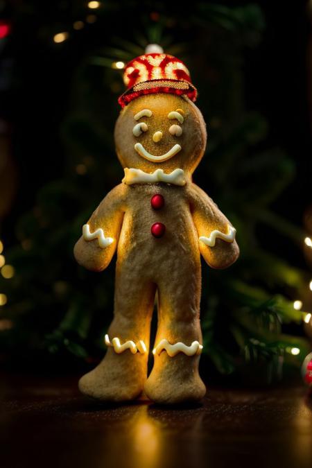 Gingerbread_Man, food, cookie, food focus, no humans, an extremely gritty detailed HD 8K photograph of a gingerbread ban and woman wearing very festive cookie clothing dancing on the table in front of a beautifully decorated pine Christmas tree, detailerlora, beautiful subtle very soft yellow lights