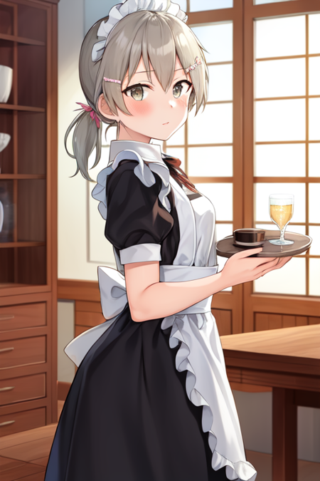 minowagin, hairclip, ponytail, 1girl, solo, apron, blush, tray, flower, table, cup, indoors, looking at viewer, short sleeves, skirt tug, maid, dress