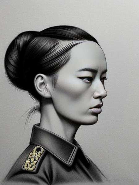 beautiful slim GeeCara , hair in tight bun, dark moody charcoal  drawing , military uniform, intricate details , trending on artstation,,