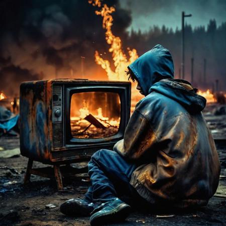 homeless teenager watches a television in flames in a toxic wasteland, natural rust and grime detail, rustic sophistication. rain, night,