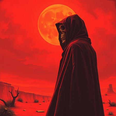 Dark art Side view of an cloaked ominous monk from the 70s-style pulp paintings cripwalking  in a red mystical desert, The sky is red and otherworldy. The monks grinning skeletal face is barely visible. Duotone: Burnt orange and deep plum. Mood: Occult ritual meets 80's crinkled concert poster art style. Grim reaper, doom metal-style, gritty, desert ritual, tales from the crypt