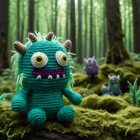 Nymph monster,
Feywild border forest ,
movie scene  in amigurumi style, extremely fuzzy yarn,
HD, 8k, highly detailed, perfect composition, depth of field, cinematic lighting, volumetric lighting, color graded, film grain, 
<lora:Amigurumi_Style_XL_LyCoris_v1.5.2:0.65> <lora:add-detail-xl:0.64>