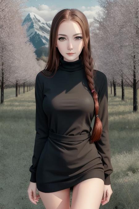 photo of <lora:sunshine-07:0.7>, sunshine, a woman with ((twin tails, twintails)),((pale skin, red hair)), ((cowboy shot, waist, hips, thighs):1.2), ((turtleneck sweater dress):1.2),((walking,outdoors, at night):1.2),((detailed face, beautiful face, detailed eyes, beautiful eyes):1.1), ((lipstick, eyeliner, eye shadow):1.2),((best quality, masterpiece, extreme details):1.2) ((detailed eyes, detailed face):1.2), woman, solo, beautiful, sexy, full body, looking at looking at viewer, magic colorful forest,fluffy tree, blue sky,mountain,4k, concept art,oil painting, realistic trees, beautiful, green grass, fog, stars, supernova, stars at sky, magical, night, dark,big galaxy,glowing stars, star light, falling star,comet, lake,water, reflection, adorable, (extraordinary:0.6),