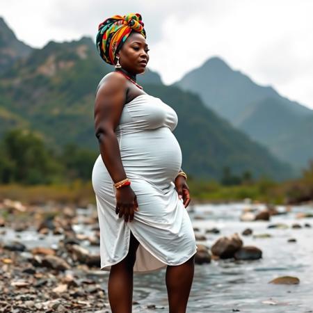 full body shot chubby wide hips African woman dark skin colorful head wrap white body con dress gold anklets barefoot by  a mountain stream