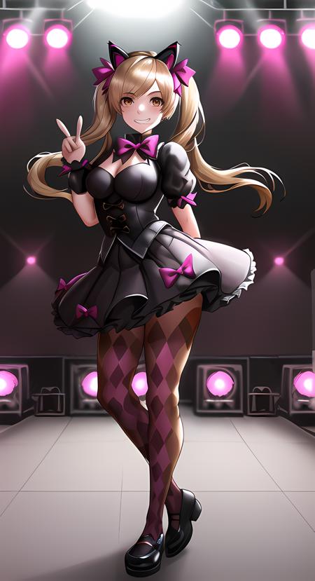 best quality, 1girl, standing, twintails, (grin), (peace sign), (arm behind back), rock concert stage background, full body, argyle legwear, corneo_black_cat_dva