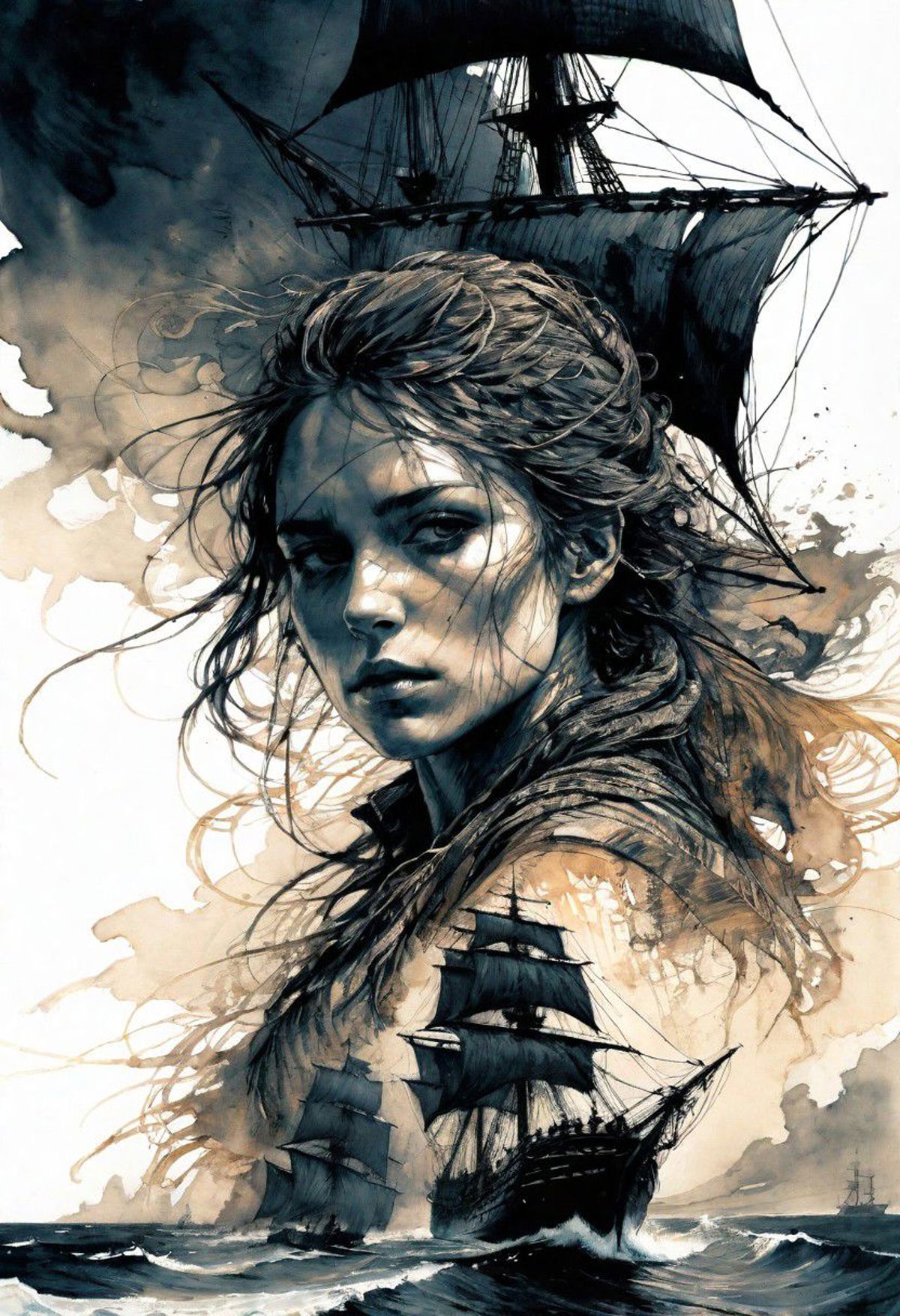 A beautiful woman with a ponytail is depicted in a painting with a ship in the background.