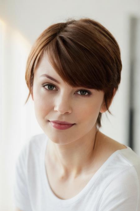 Portrait photo of br33d4n13ls woman, (light bokeh)++, (white tshirt)+, detailed face, in a bedroom, makeup, slight smile