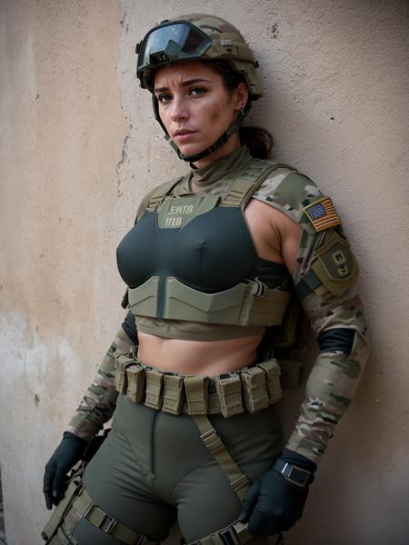 war photography, (cinematic lighting:1.1), hip level shot, dynamic angle, highest quality, photo of (female US army special forces soldier taking cover behind wall in middle eastern compound), perfect face, [[dirty]], worried expression, (wearing ops-core FAST helmet, Cyre Precision AVS chest rig, HSGI SureGrip Battle belt, Cyre Precision MultiCam Combat uniform, battlepack, boots:1.2), BREAK
athletic body, bullet holes in wall in background, photographed on a Fujifilm GFX 100S, 80mm f/1.7 lens, film-like, (Zero Dark Thirty film still), sharp focus, (full body:0.9)