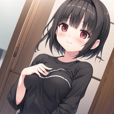 best_quality,masterpiece,1_girl,  <lora:cura:0.8>,   black hair, short hair, blunt bangs, flipped hair,hairband,  medium breasts, smile,black shirt,