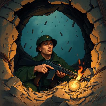 illustration of a soldier in a foxhole holding a rifle, looking tired and weary, with artillery rounds dropping around, detailed, dramatic lighting, emotional intensity, cinematic atmosphere, high resolution, war theme, realistic style, by John Singer Sargent and Kev Walker