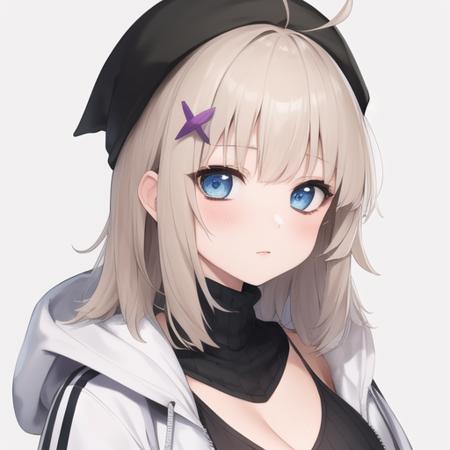 (masterpiece, best quality:1.2),illustration,8k,hd,1girl,solo,upper body,(portrait:1.2),ahoge,bangs,black headwear,black legwear,black shorts,black sweater,blue eyes,cleavage,collarbone,detached collar,eyebrows visible through hair,grey hair,hair ornament,hat,hood down,hooded jacket,long hair,long sleeves,medium breasts,puffy long sleeves,puffy sleeves,purple gloves,ribbed sweater,short shorts,star hair ornament,thighhighs,turtleneck,turtleneck sweater,white jacket,<lora:AA-12>,