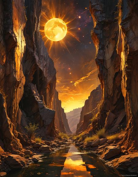 (Celestial canyons, Vast chasms stretch beneath a starlit sky, their striated walls reflecting the distant celestial glow:0.5) (Solarpunk Expressionism, utopian fervor, sustainable emotion, eco-expressionistic landscapes, solar serenity:1.3)