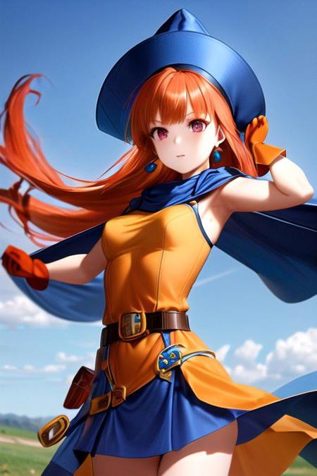 Alena is an amazing girl, red eyes, orange long hair, splashed hair tips,  blue hat, earrings, blue cape, yellow dress, short sleeves, belt, gloves,  skirt,  ( low saturation) , in wild, beautiful sky, Fixhand