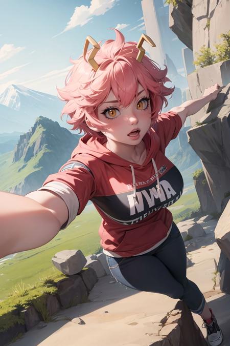 ashido_mina, colored skin, pink skin, colored sclera, black sclera, pants, hoodie