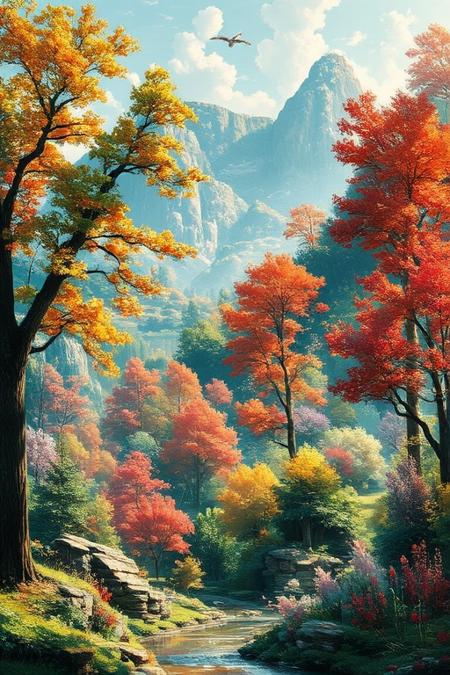 The gorgeous oil painting designed by AI show a palace-level design sense and are pleasing to the eye. The design color is mainly green red purple like spring landscape with early morning sunlight. Midjourney_Whisper