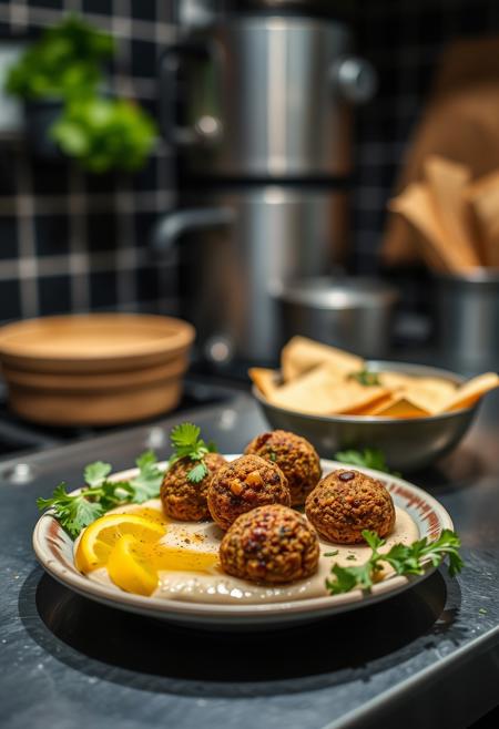 photo of falafel and hummus placed on kitchen, heavy focus on the dish, cinematic shot, high quality shot, original, flux-style