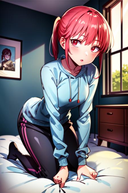 (best quality:1.2), 1girl, (masterpiece:1.2), raytracing, cute face, perfect face, ultra detailed,detailed face, 8k wallpaper, (wide hips:0.8), <lora:more_details:0.5>, KobayashiDragonMaid_NDV, 1girl, red hair, small breasts, ponytail, red eyes, sweatshirt, pants, <lora:KobayashiDragonMaid_NDV:0.7>, indoor, bed, after sleep, kneeling