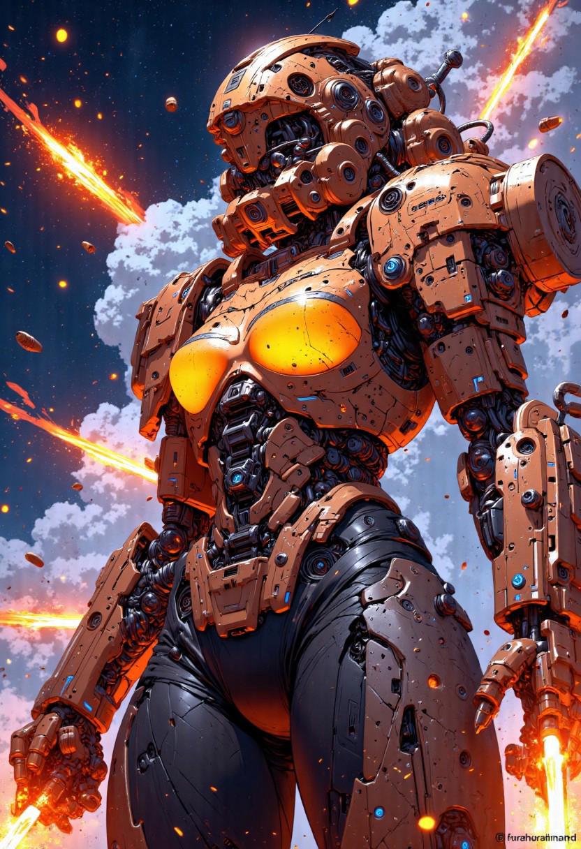 Unrealistic, transcendent images of the Robot Wars era that will soon come. 
(A large  flag  of  boob missile Detachable launcher and big cleavagr brown breast is shown to viewers.:1.8)(forcus breast nipple  missiles flying with white smoke and spraying orange sparkles:1.7)
Powered suit made entirely Detachable Fake double breasts take off body are continuous shooting enabled electromagnetically levitated by super-electromagnetic technology.
The way it looks is just like a mine.
(Floating breast missiles:1.7)(The veins in the boob area glow orange, purple and blue like a dragon's veins, scattering active missiles of concentrated and converged energy.:1.7)
The best and supreme boob missile created from the sharp technical theory that detachable boobs should be deployed on the premise that it is already a weapon.The boobs fly toward the enemy. The boob-missile rocket launcher is her ultimate weapon, a torpedo-shaped missile about 30 centimeters in diameter that shoots out from her side-open chest at the speed of sound. It is the future technology of robotics in which the cleavage opens wide, and the last hope of mankind that is concentrated in the breast by gathering the best of orparts and lost technology.