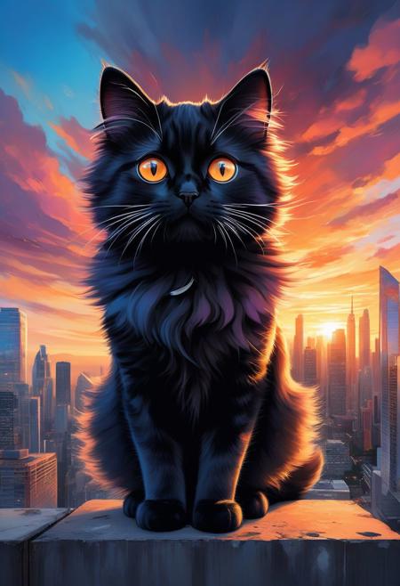 A captivating illustration of a ((cute cat)) with ((huge)) ((oversized)) ((manga-style eyes)), feline is gazing very longingly into the camera lens. The cat's fluffy fur contrasts with its sleek black attire, and it sits on a transparent cloud, as if levitating above the ground. The background showcases a vibrant cityscape with towering skyscrapers and a dramatic sunset, creating a delightful mix of urban and whimsical elements, from above