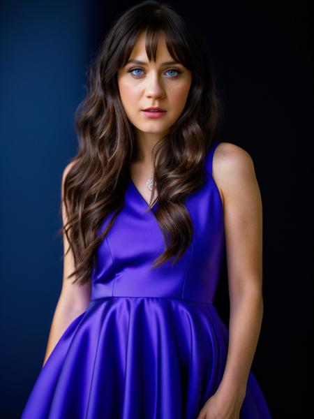 Realistic photo of a beautiful z003yd-v1 woman,  1girl, solo, long hair, looking at viewer, blue eyes, black hair, dress, character name, lips, hand on hip, copyright name, blue background, purple dress, soft lighting, professional Photography, Photorealistic, detailed, RAW, analog, sharp focus, 8k, HD, high quality, masterpiece<lora:z003yd-v1:1.0>